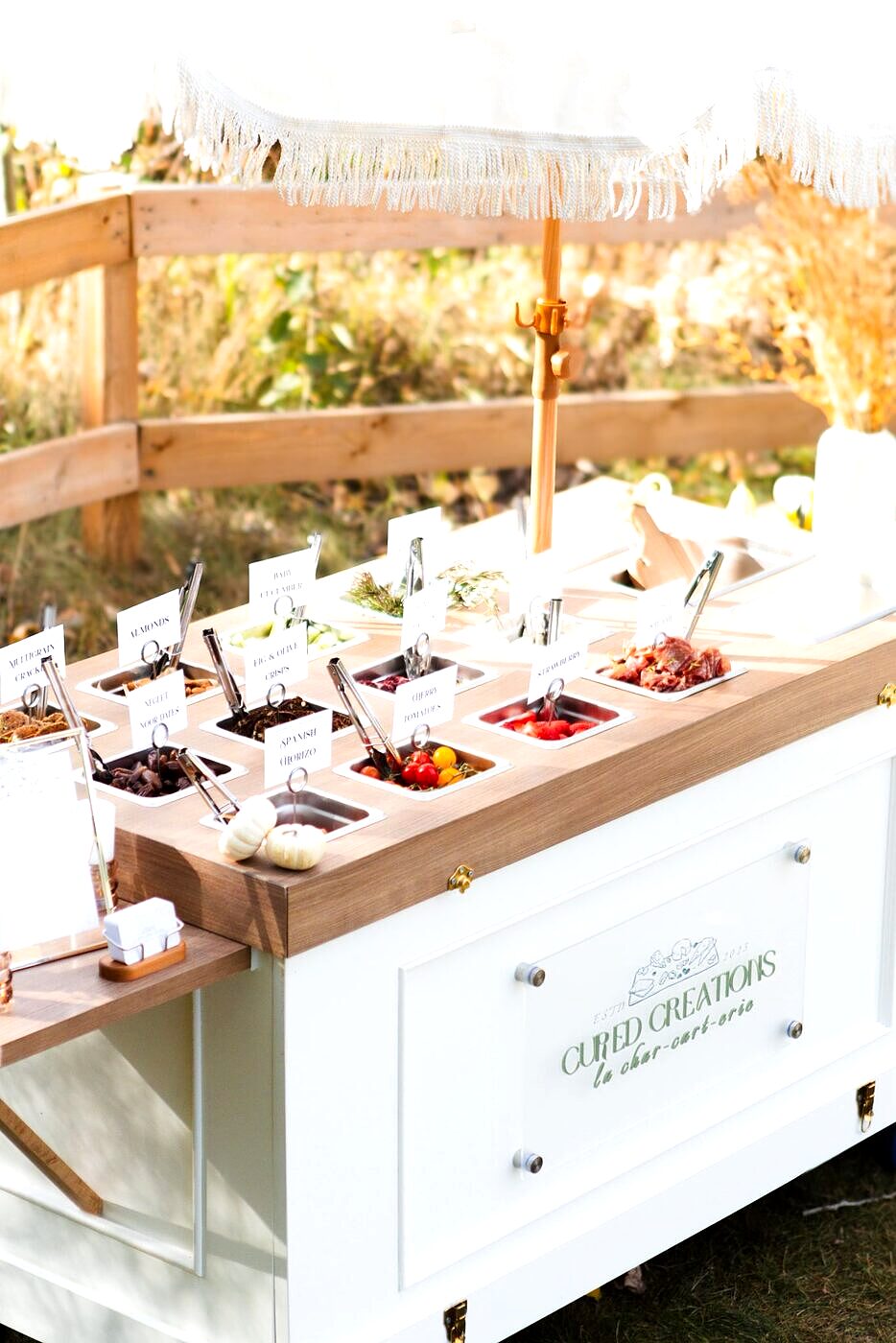 The front of the Cured Creations charcuterie cart, fully styled at an outdoor Edmonton event