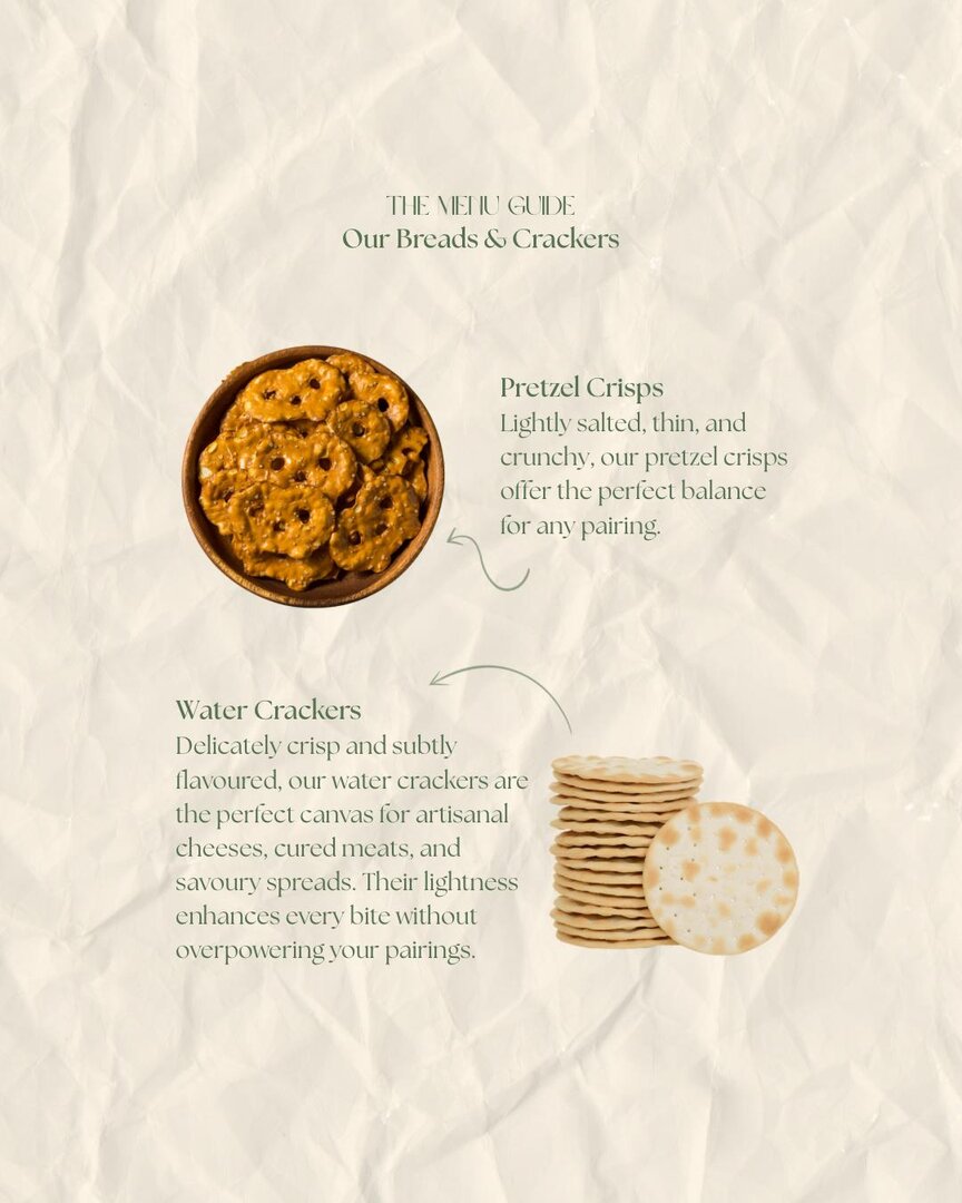 Menu guide — breads and crackers: pretzel crisps and water crackers