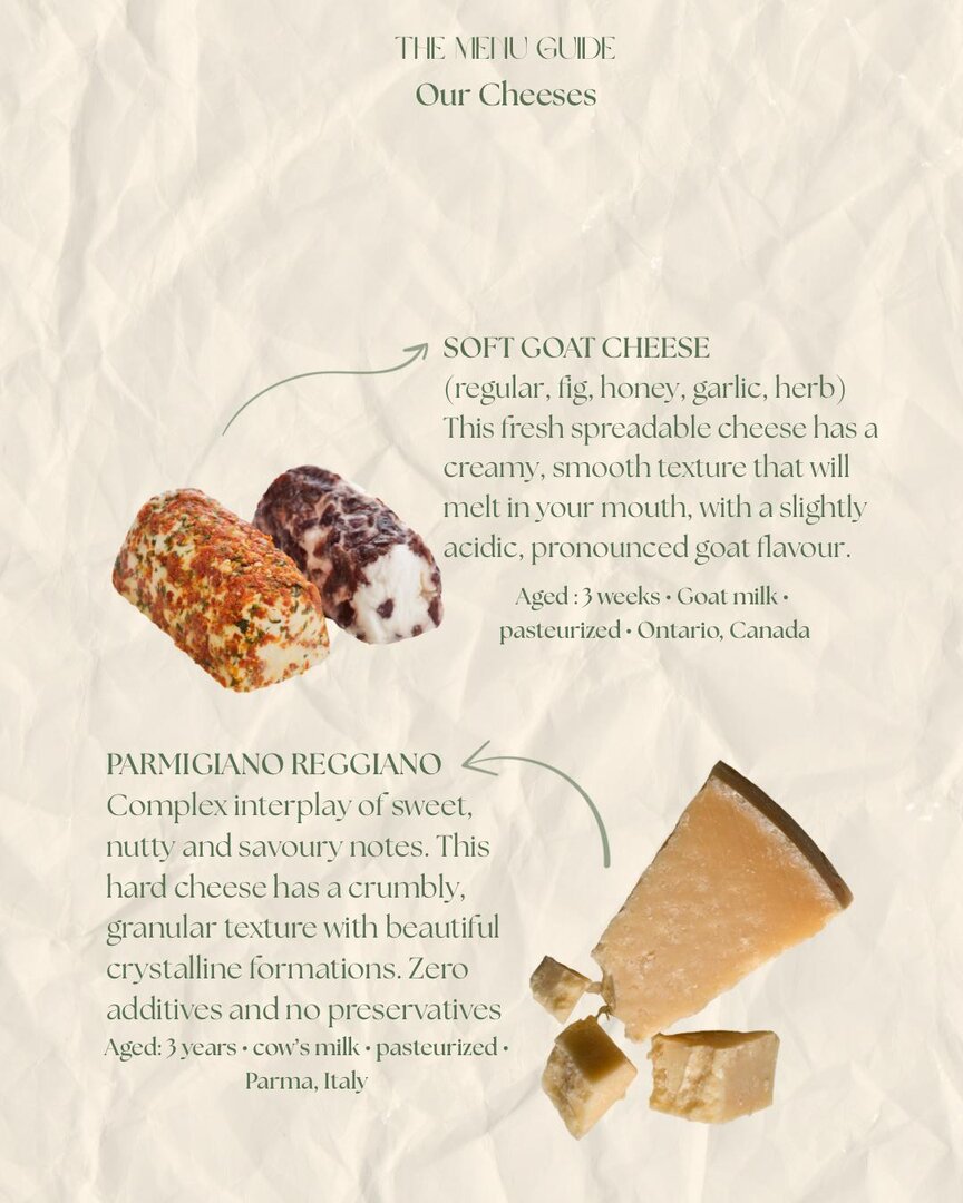 Menu guide — cheeses: soft goat cheese and Parmigiano Reggiano