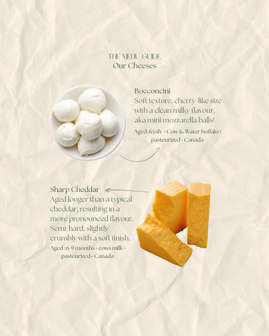Menu guide — cheeses: bocconcini and sharp cheddar