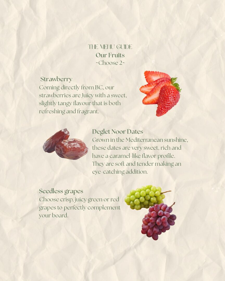 Menu guide — fruits: strawberry, Deglet Noor dates, and seedless grapes