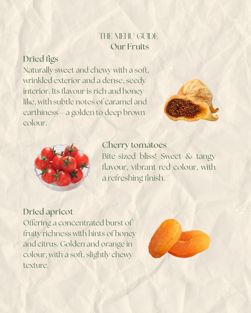 Menu guide — fruits: dried figs, cherry tomatoes, and dried apricot