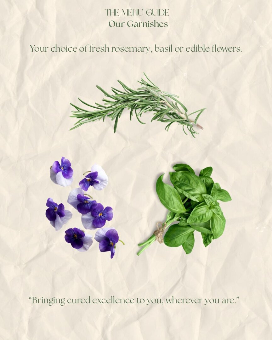 Menu guide — garnishes: fresh rosemary, basil, or edible flowers