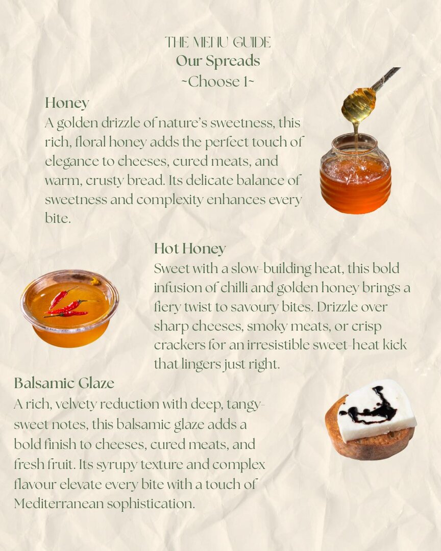 Menu guide — spreads: honey, hot honey, and balsamic glaze