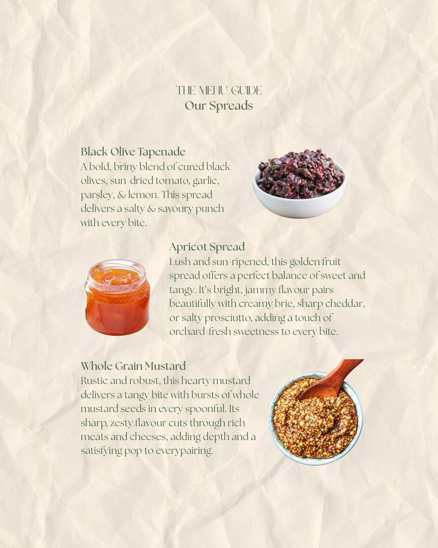 Menu guide — spreads: black olive tapenade, apricot spread, and whole grain mustard