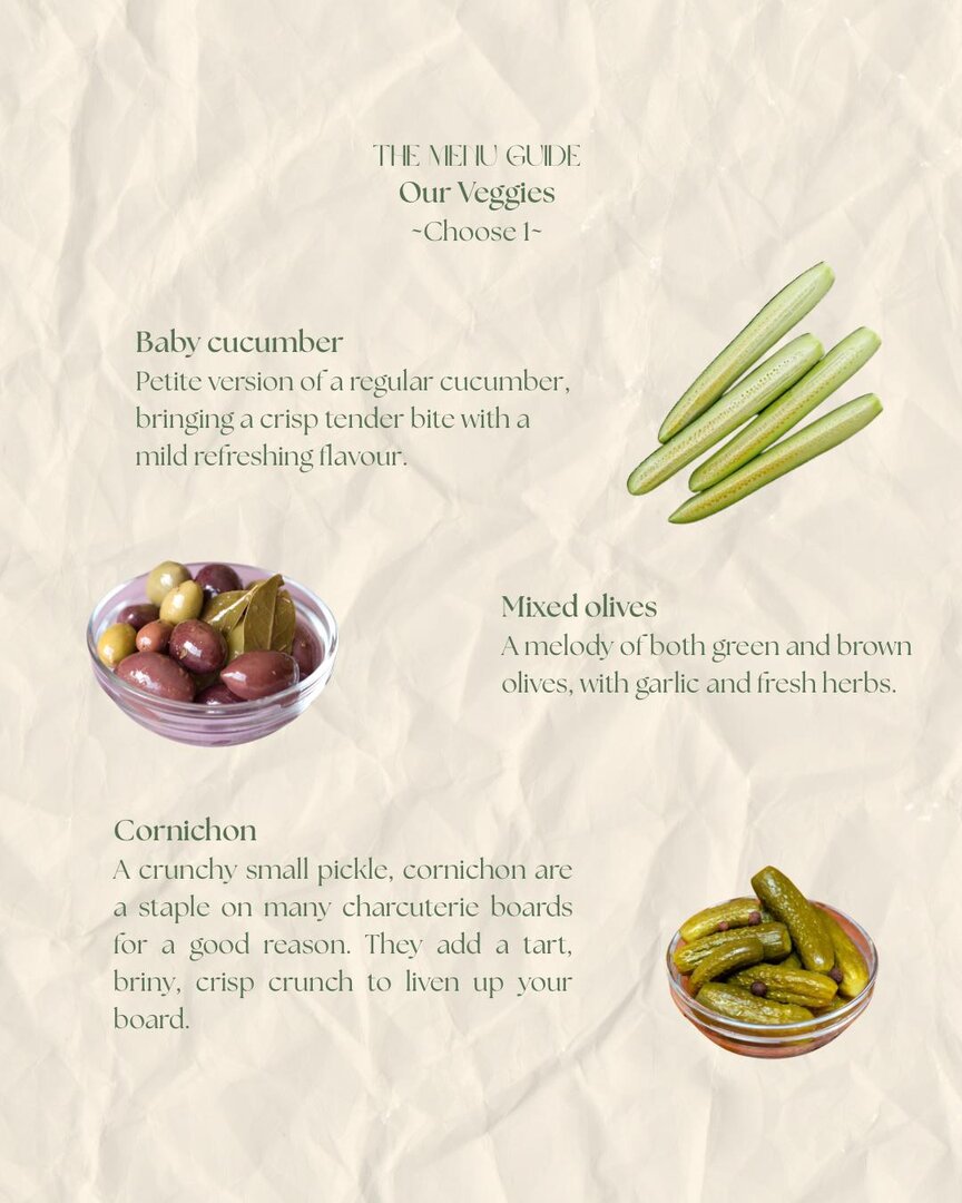 Menu guide — veggies: baby cucumber, mixed olives, and cornichon