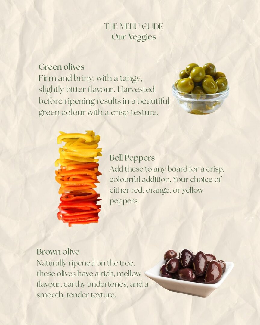 Menu guide — veggies: green olives, bell peppers, and brown olives