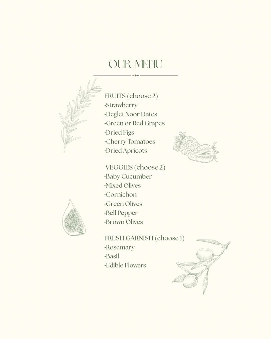 Cured Creations menu — choose your fruits, veggies, and fresh garnish
