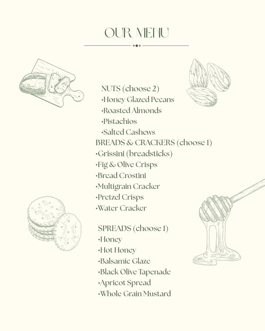 Cured Creations menu — choose your nuts, breads and crackers, and spreads